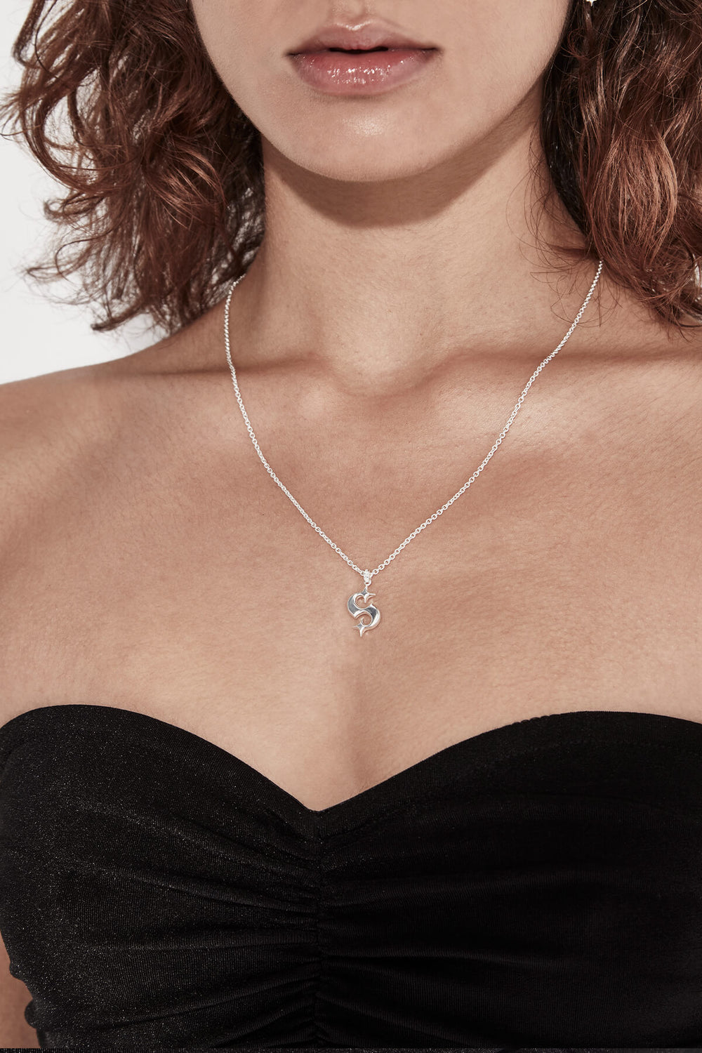 Hidden Hearts sterling silver necklace with 's' logo pendant on female model- Stolen Girlfriends Club