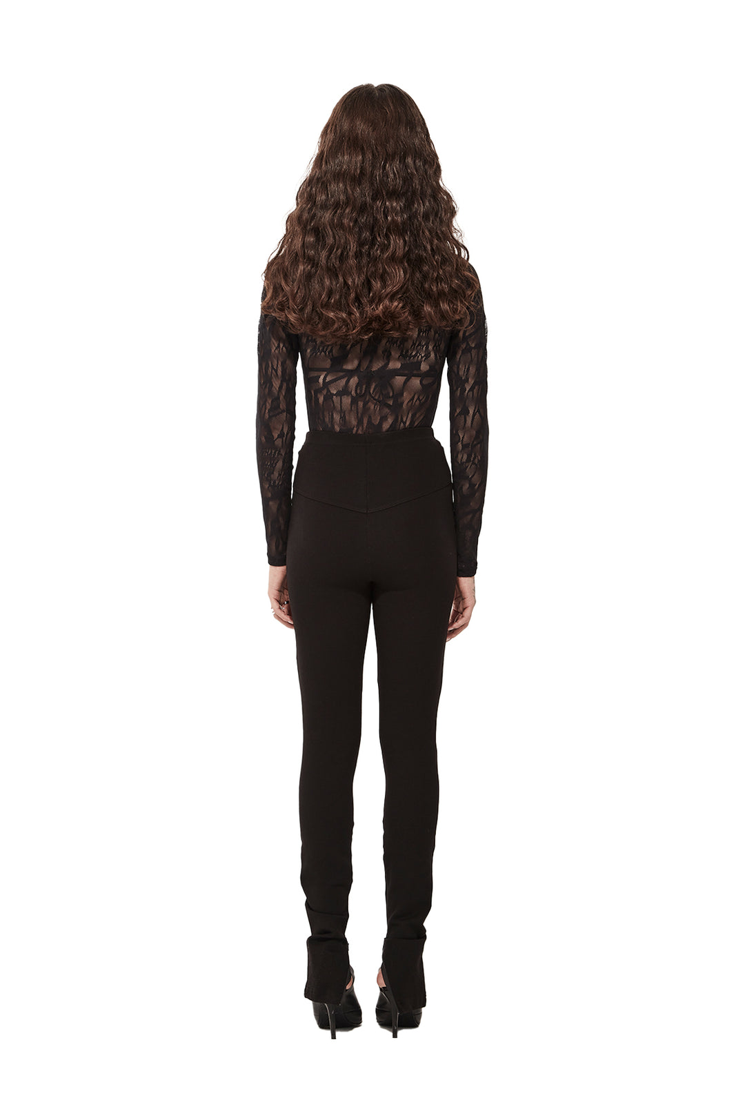 Black Panelled Ponti pants with zip fly and zip hems - back view model image by Stolen Girlfriends Club.