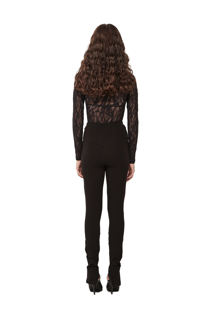 Black Panelled Ponti pants with zip fly and zip hems - back view model image by Stolen Girlfriends Club.