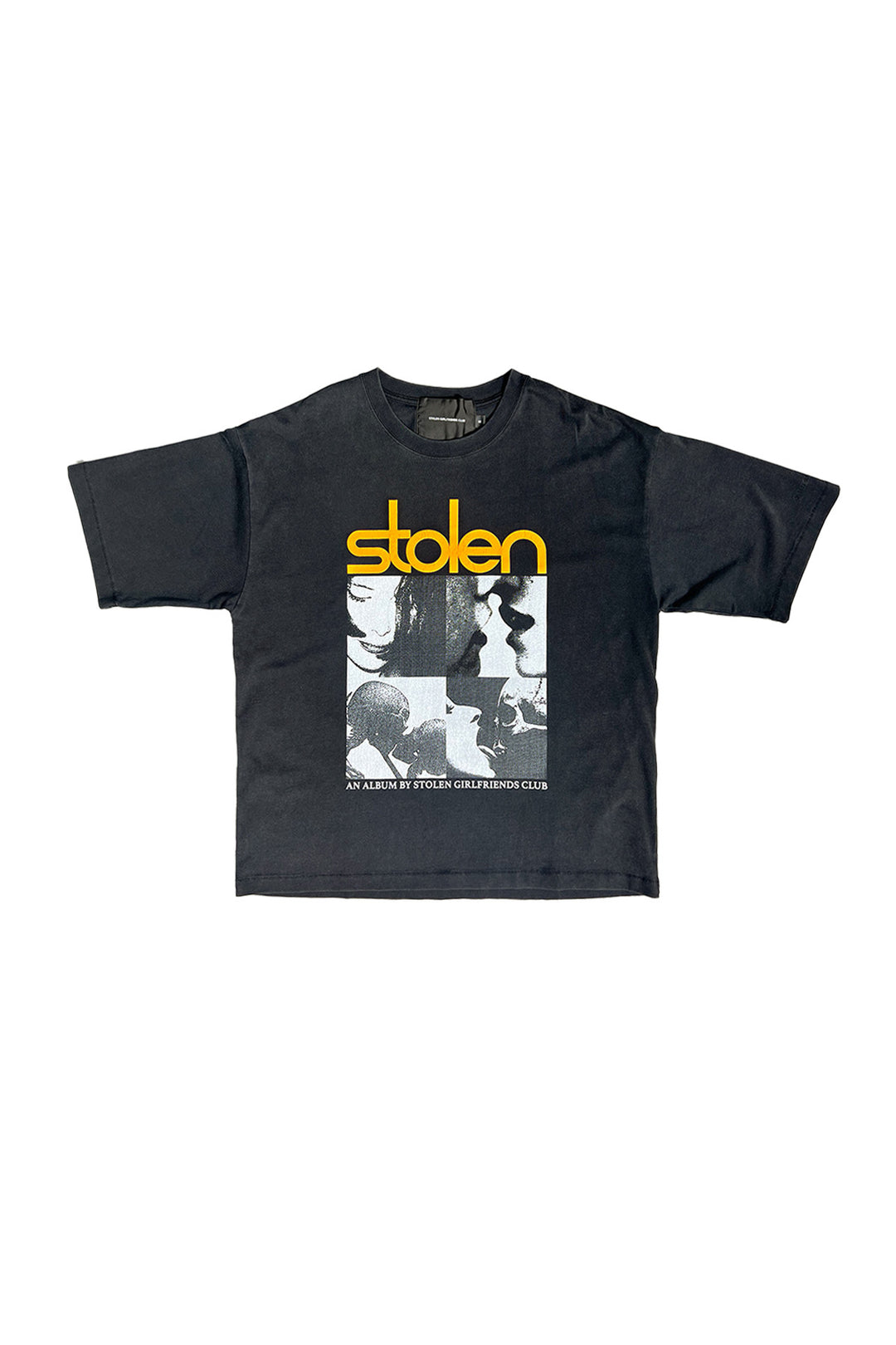 Black t-shirt with yellow 'stolen' text and graphic design on a white background
