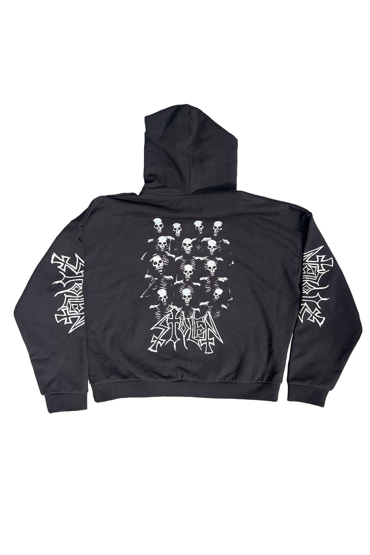 Black SGC hoodie with white skulls on a white background