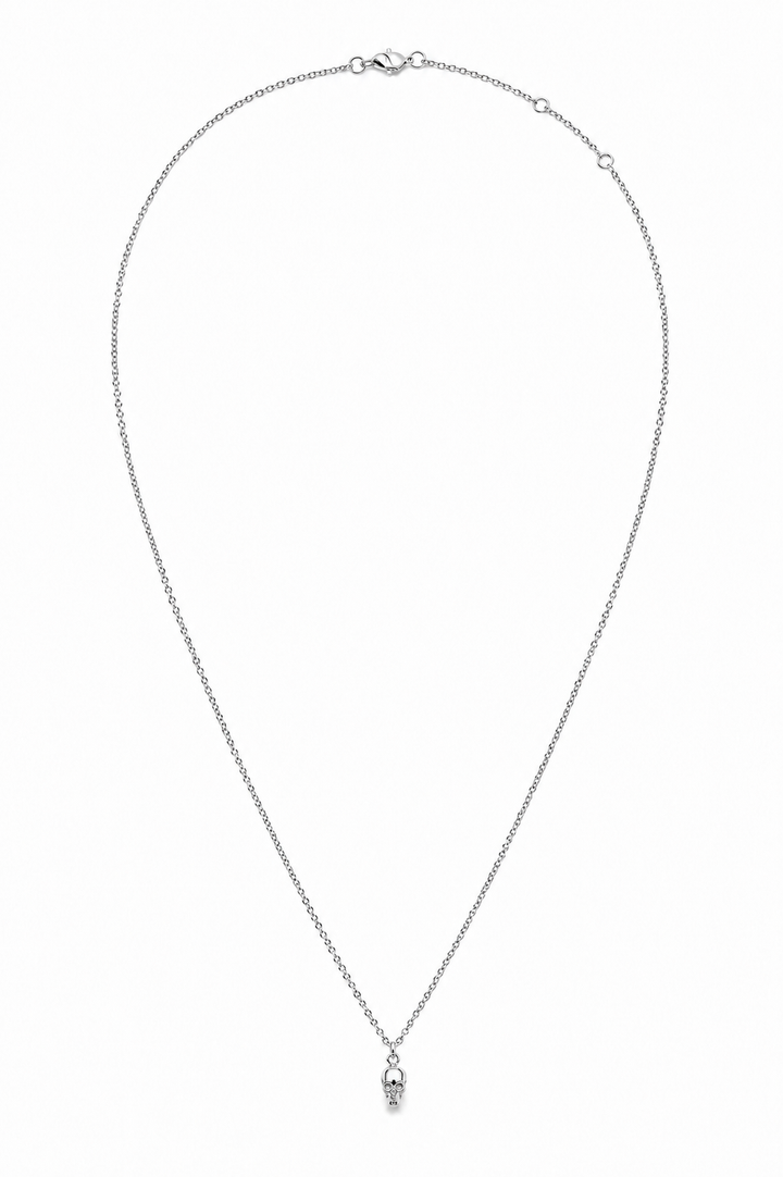 A delicate silver chain necklace with a small skull pendant, displayed on a clean white background.