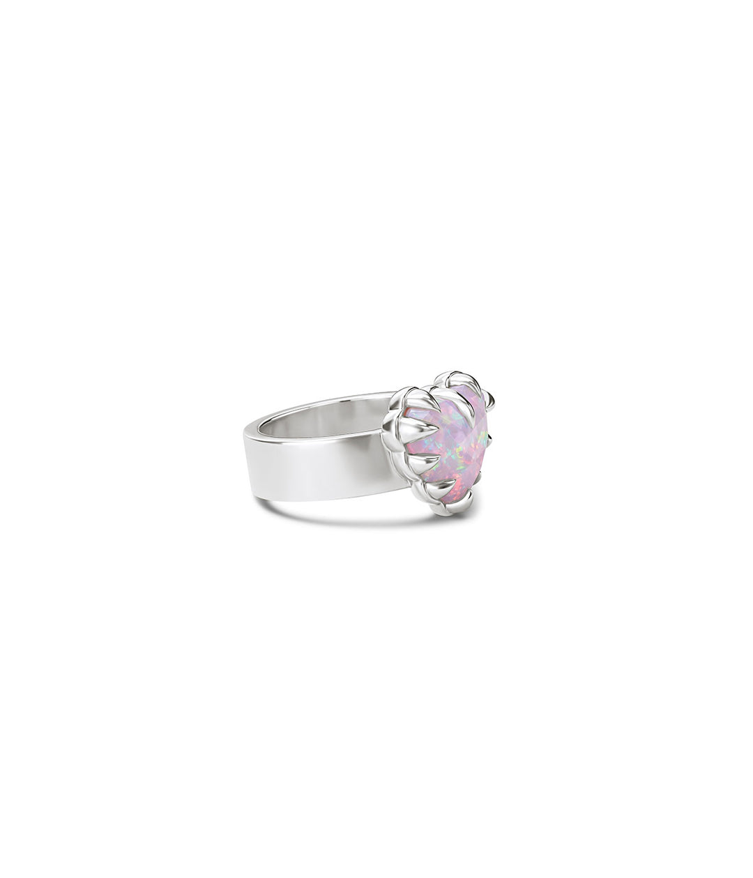 Sterling silver Love Claw Ring by Stolen Girlfriends Club with heart-shaped Pink Bello Opal held in an oversized multi-claw setting on white background. 3/4 view