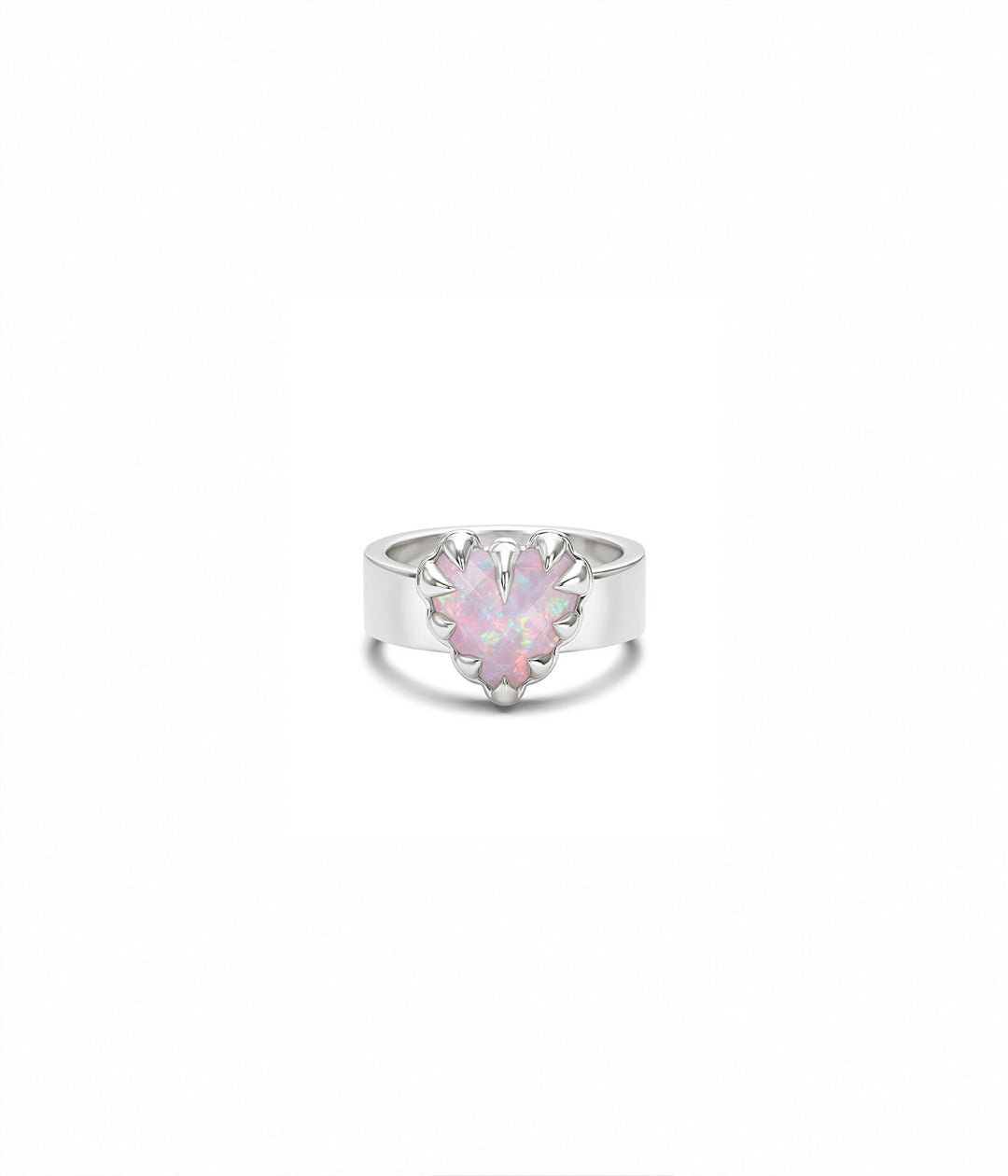 Sterling silver Love Claw Ring by Stolen Girlfriends Club with heart-shaped Pink Bello Opal held in an oversized multi-claw setting on white background. 