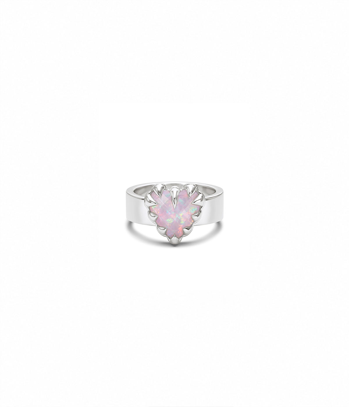 Sterling silver Love Claw Ring by Stolen Girlfriends Club with heart-shaped Pink Bello Opal held in an oversized multi-claw setting on white background. 