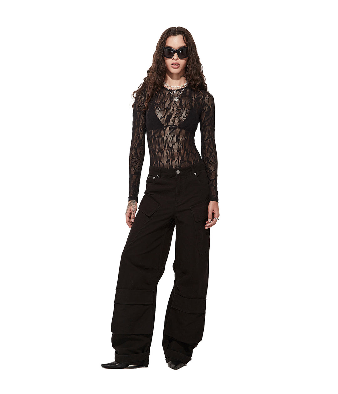 Stolen Girlfriends Club - Women's Black Long Sleeve Lace Bodysuit on model - front view  against white background