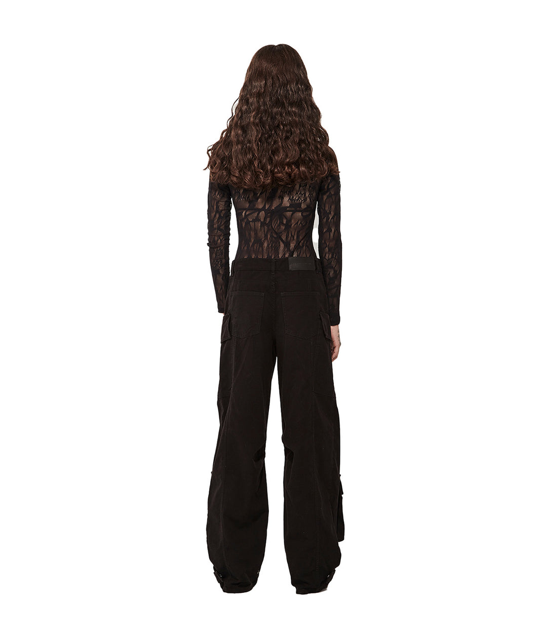 Stolen Girlfriends Club - Women's Black Long Sleeve Lace Bodysuit on model - back view on white background
