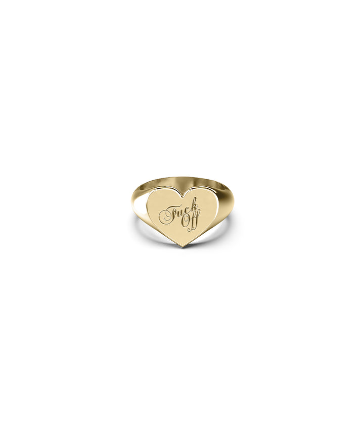 Gold Heart Ring with 'Fuck Off' Script Text on White Background - Stolen Girlfriends Club Warm Welcome Heart Ring 
