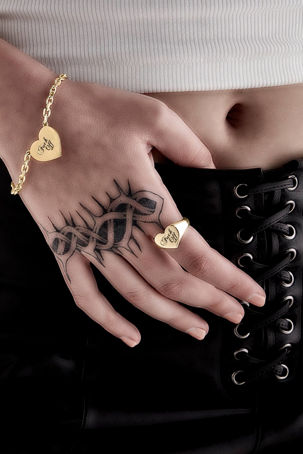 Stolen Girlfriends Club - Gold Heart Bracelet with F*ck Off Script